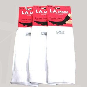 3 Pairs LA Moda Trouser Socks W/ Comfort Band Spandex Size 9-11 White